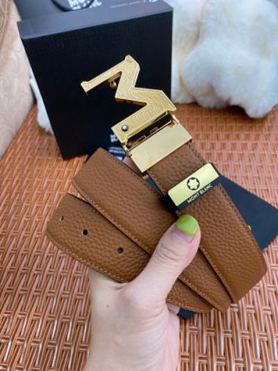 1:1  Montblanc Orange& Black Leather Belt with Gold Logo Buckle  Buckle with Vein Patterns  3.5cm